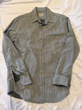J Crew Green Grey Button-Down Heavy Denim Shirt - Casual Collared Long Sleeve